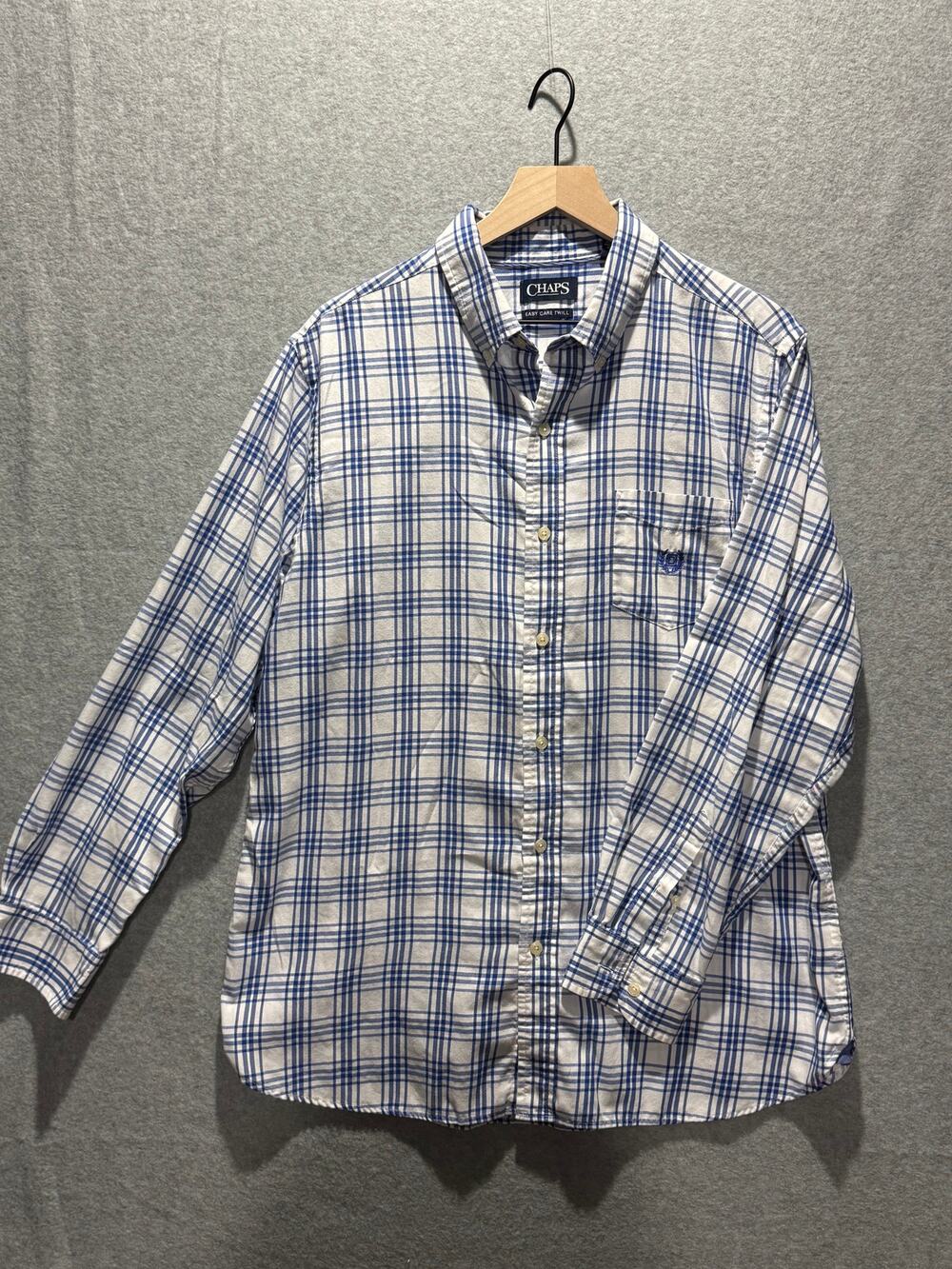 Chaps Easy Care Twill Mens Large Blue White Plaid Long Sleeve Button Shirt